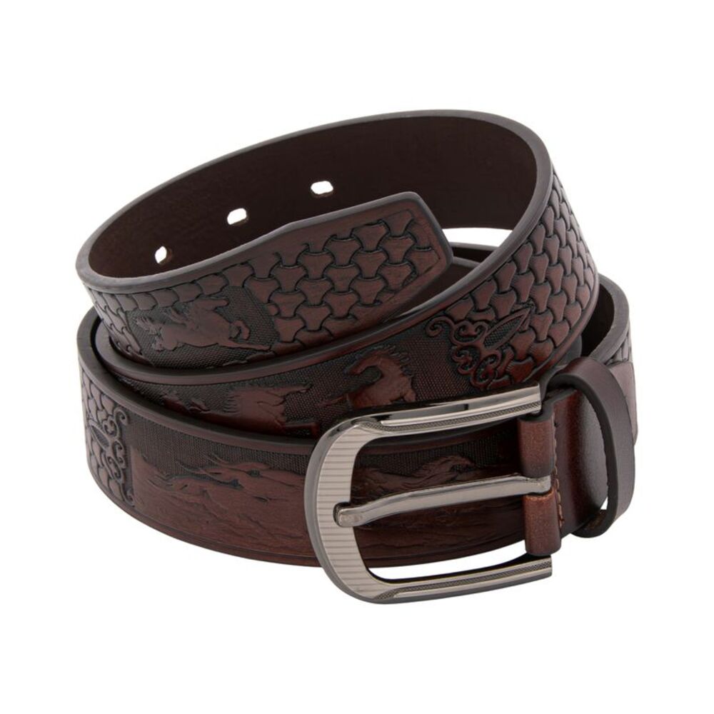Wild Horses Embossed Men's Genuine Leather Western Style Belt in Brown, 38